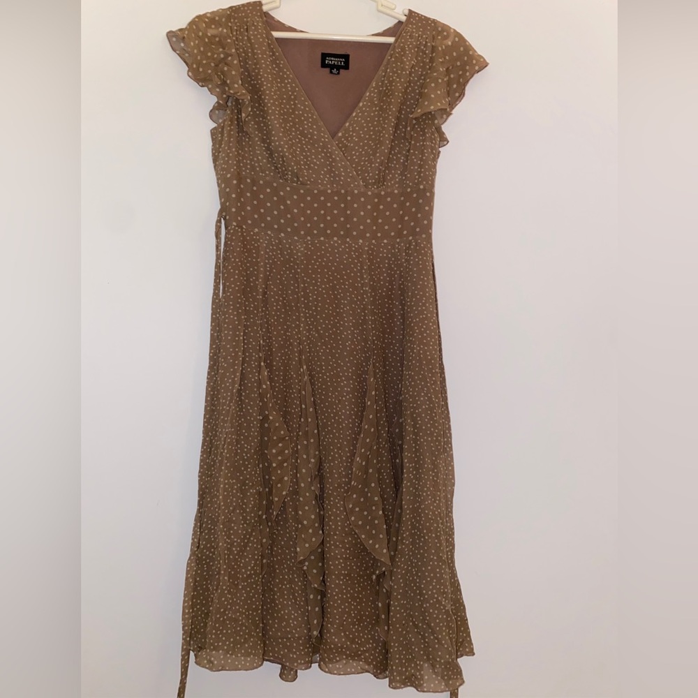 Adrianna Papell Taupe Polka Dot Silk Dress 8
